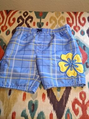 OP Boys Blue Plaid Swim Trunks with Yellow Hibiscus Patch 260799